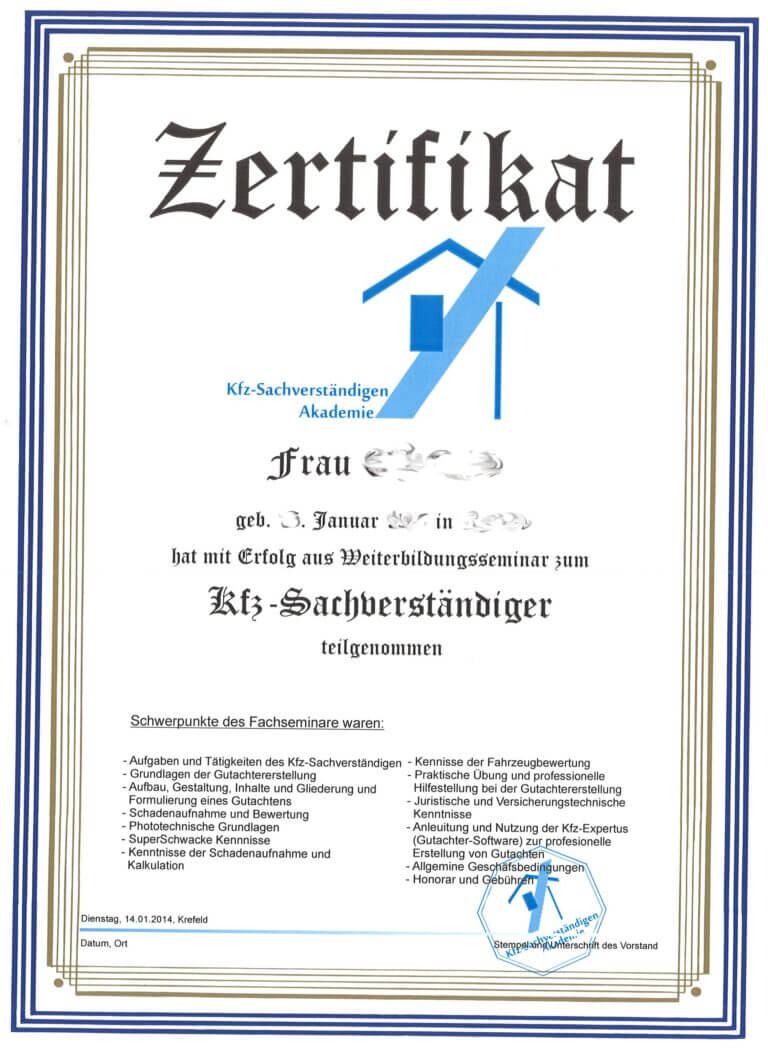 Kfz-Sachverständigen Akademie - Zertifikat