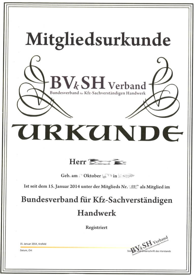 BVkSH Verband - Mitgliedsurkunde
