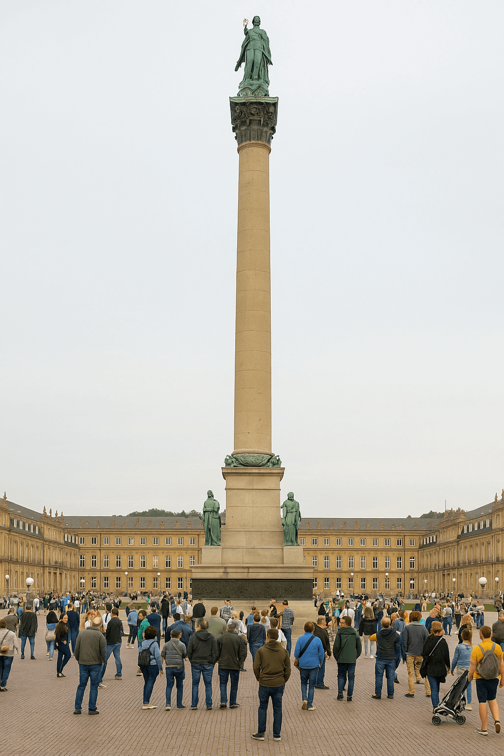 Kfz Gutachter Ausbildung in Stuttgart – Schlossplatz mit Jubiläumssäule und Menschenmenge vor dem Neuen Schloss